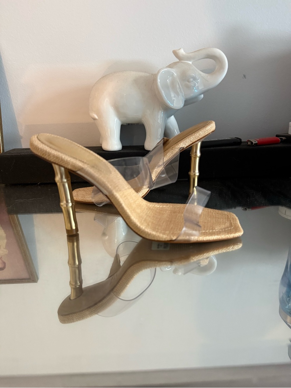 SCHUTZ Gold Bamboo-Style Heel Sandals with Clear Straps